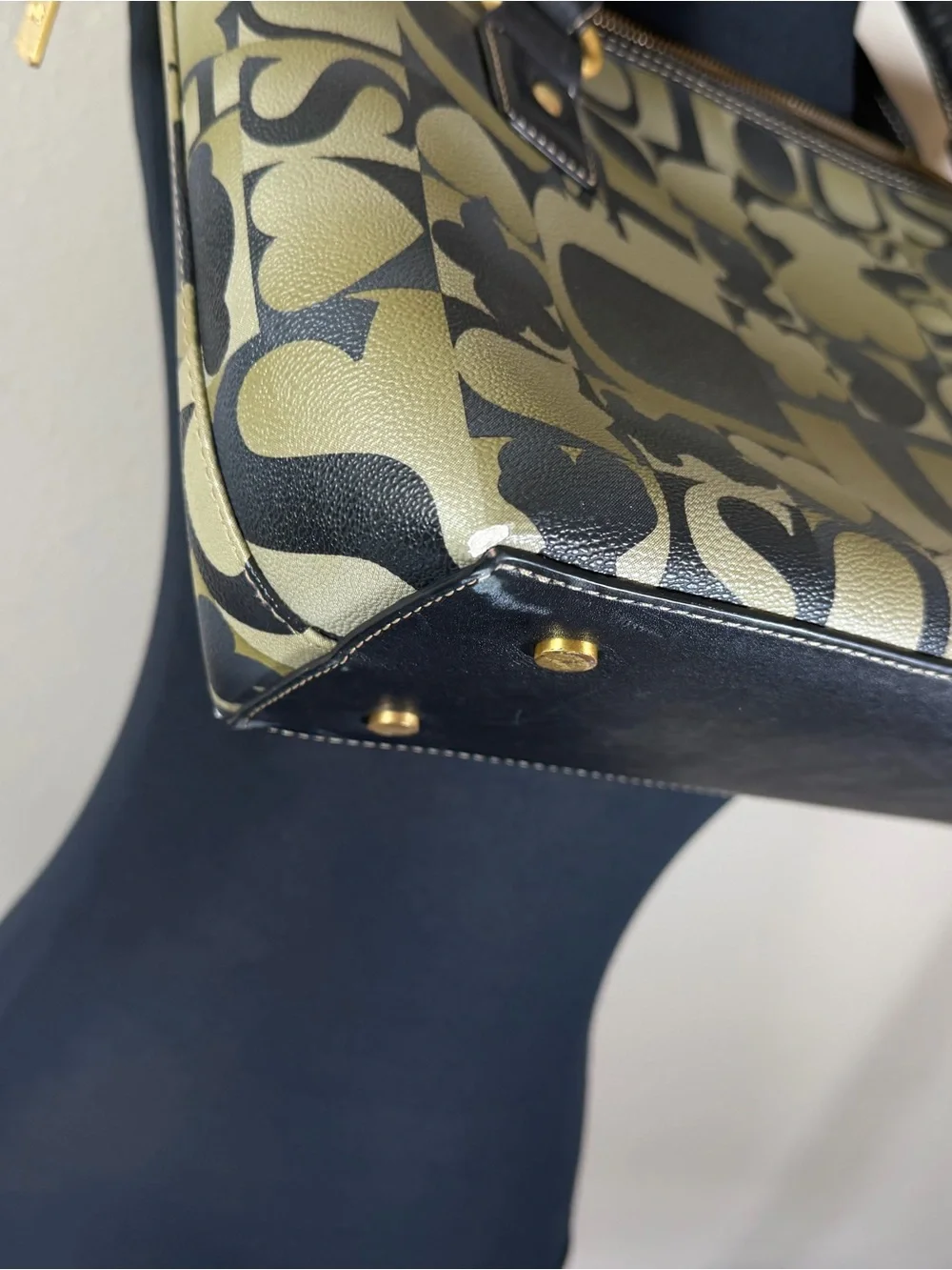TOUS Olive Green and Black Teddy Bear Logo-Print Satchel with Gold Hardware
